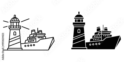 lighthouse guiding cargo ship at sea flat design vector illustration