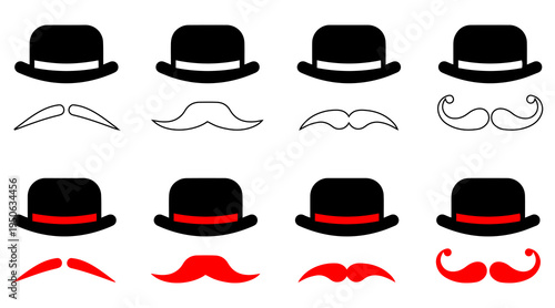 Stylized top hat and mustache icons in black and white minimalist design