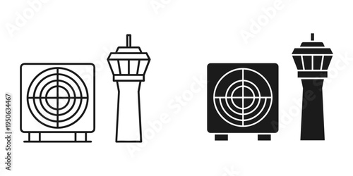 air traffic control tower and radar system flat design vector illustration