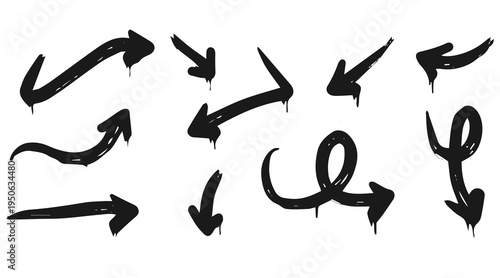 hand drawn arrows set grunge rough, brush stroke curly arrow collection