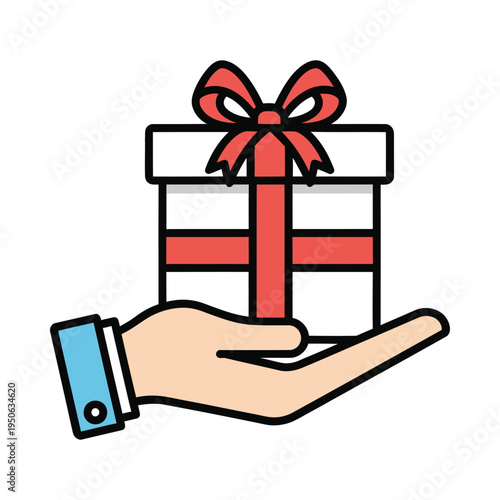 A hand holding a wrapped gift box with a red bow