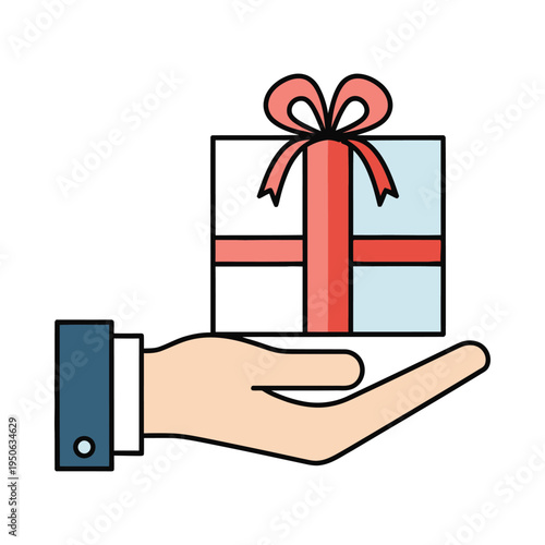 A hand holding a gift box with a red ribbon