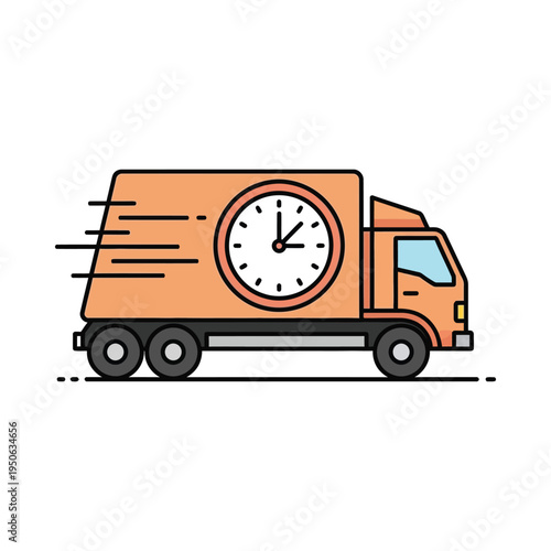 An orange delivery truck with a clock on the side speeding along