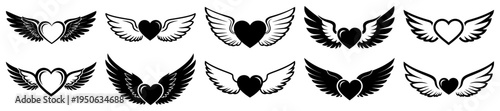 Winged Heart Icons Set Angel Wings Love Emblem Vector Dividers