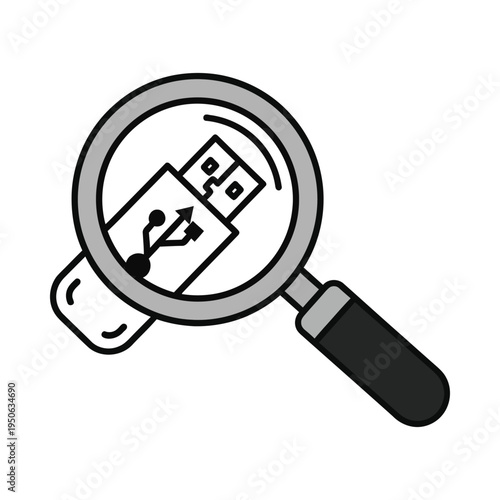 A magnifying glass is focused on a usb flash drive