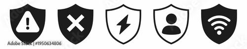 Shield security icon set with alert, cross, lightning, user and wifi symbols. Modern vector badges for protection, access control, network safety and cybersecurity interfaces.