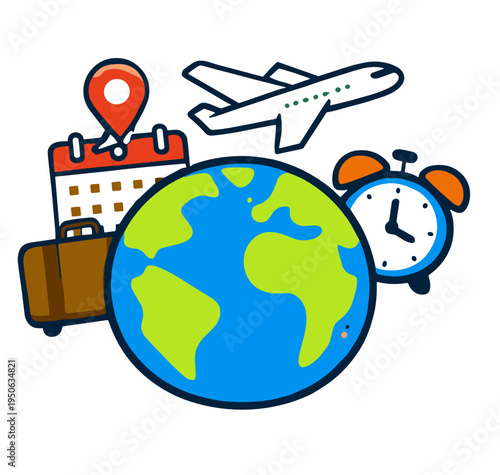 Travel planning illustration with globe, airplane, calendar, map pin, alarm clock and suitcase. Great for flight schedule, trip organizer, booking app and departure reminder concepts.