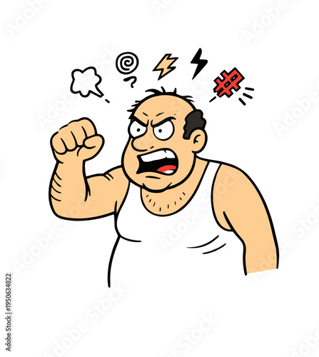 Angry cartoon man shouting with clenched fist and stress symbols above his head. Temper and frustration concept illustration isolated on white for emotion, conflict and mental strain themes.