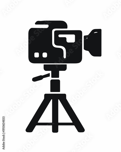 Black vector icon of an action camera mounted on a tripod. Perfect for vlogging, studio setup, travel recording, content creation, filming equipment and digital video production.