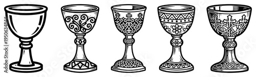 Medieval chalice and goblet vector sketch set Hand drawn collection of vintage ornate cups