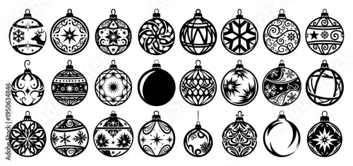 Christmas ball vector icon set Collection of black holiday baubles with decorative ornaments