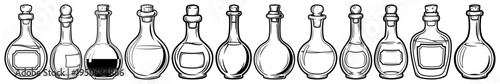 Vintage potion bottle seamless border Hand drawn vector sketch of old glass flasks for alchemy and magic