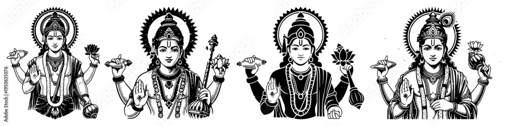 Ταπετσαρία Hindu gods vector illustration set Vintage sketch of Vishnu Lakshmi and Krishna