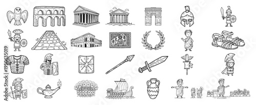 Ancient Rome And Greece Icons Set Colosseum Gladiator Laurel Sword Doodle Vector