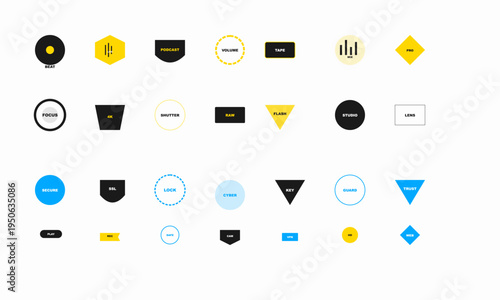 Modern Flat Design Icons Collection: Multimedia, Technology, and Cybersecurity Symbols.