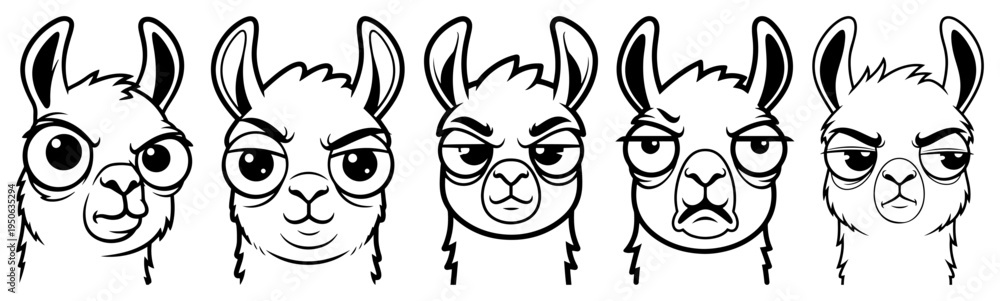 Fototapeta premium Llama head emotions vector set Cartoon alpaca character face expressions