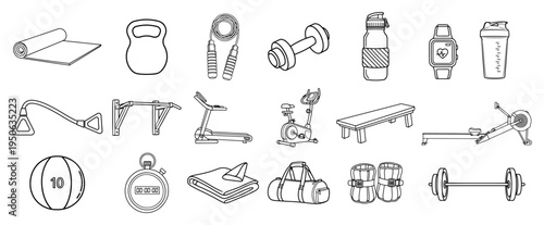 Hand drawn gym and fitness equipment icon set Collection of workout and sport symbols Vector outline illustration