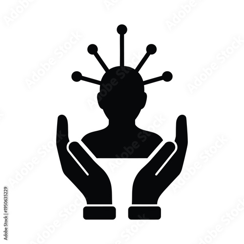 A black and white icon of a person with a virus on their head being cradled by two hands