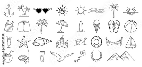 Big set of hand drawn summer and beach icons Doodle vacation and travel elements collection Vector outline illustration