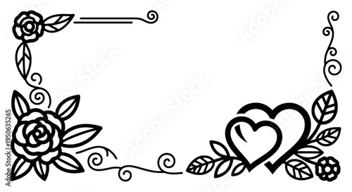 Decorative floral frame with rose and heart vector illustration Black and white border for wedding or Valentines Day