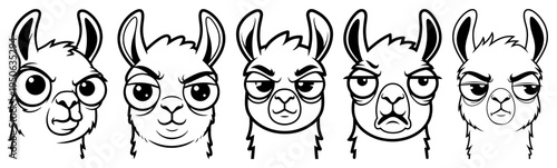 Llama head emotions vector set Cartoon alpaca character face expressions