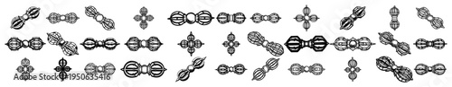 Vajra and Vishvavajra buddhist symbol vector set Collection of Tibetan dorje ritual weapon icons