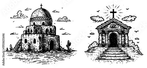 Old Church And Chapel Illustrations Vintage Engraved Architecture Vector