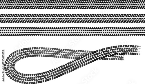 Abstract black tire skid marks and drifting track pattern isolated on white background, vehicle braking traces, road safety concept texture