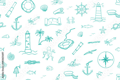 Seamless pattern of nautical theme. Adventure, travel, summer. Hand drawn