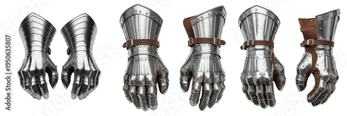 Canvastavla Set and collection of medieval knight gauntlets, polished steel armor gloves, pl