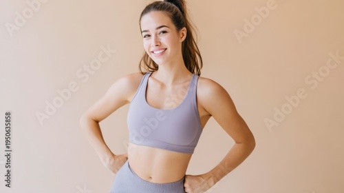 Young woman in gray sports bra and leggings poses confidently against a neutral background
