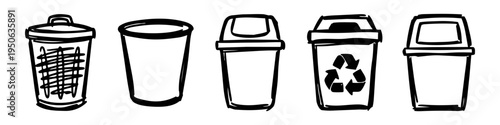 Bin, Lid and Recycle Symbol Monochrome Icon Set. High quality stock illustration with clear subject focus and cohesive composition for versatile commercial usage.
