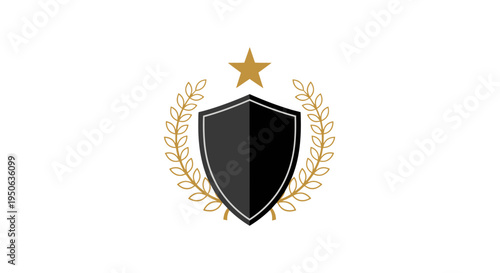 Black Shield with Golden Star and Laurel Wreath Emblem on Isolated White Background