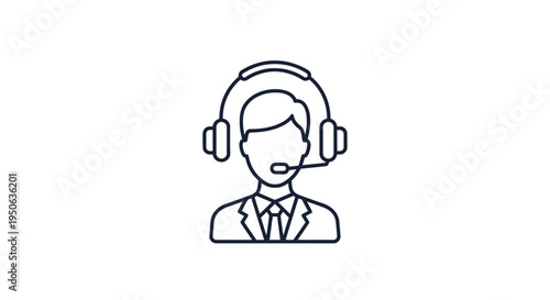 Outline icon of a professional man wearing a headset, symbolizing customer service or technical support, on isolated white background.