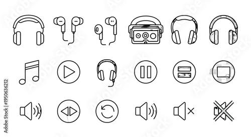 Outline vector icons of headphones, earbuds, and audio media player controls on isolated white background.