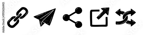 Link Share Arrow Icons. High quality stock illustration with clear subject focus and cohesive composition for versatile commercial usage. Key visual elements include chain, paper airplane, nodes.