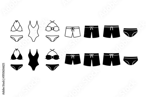 Swimwear Icon Set with Minimalist Line Art and Solid Black Silhouettes of Bikinis, One-Piece Swimsuits, Men's Swim Trunks, Board Shorts, and Briefs for Summer Beach, Pool, and Vacation Fashion.