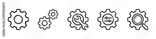 Gear, Wrench and Screwdriver Monochrome Icon Set. High quality stock illustration with clear subject focus and cohesive composition for versatile commercial usage.