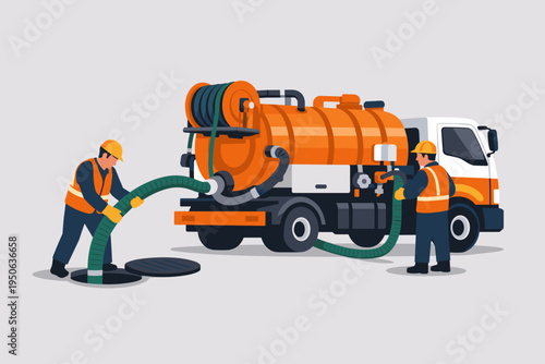 Workers in safety gear operating a sewage vacuum truck to clean a manhole. Industrial sanitation maintenance service with pumper truck, suction hoses, and septic tank cleaning flat illustration.