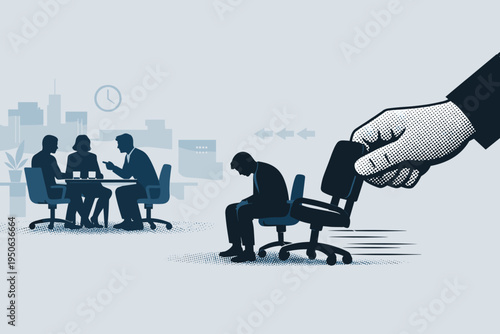 Workplace Exclusion and Job Loss Concept Illustration with a Halftone Hand Dragging an Office Chair Away from a Sad Employee while a Corporate Team Meets in the Background, Layoff and Dismissal.