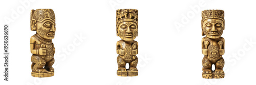Konstfotografi Set and collection of ancient Mayan Aztec tribal idols, golden pre-Columbian deity statues, and indigenous ritual artifacts isolated on white transparent png background