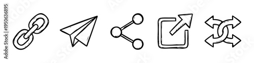 Link Share Arrow Icons. High quality stock illustration with clear subject focus and cohesive composition for versatile commercial usage. Key visual elements include chain, paper airplane, share.