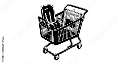 Black shopping cart with wheels.