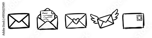 Envelope, Paper and Heart Monochrome Icon Set. High quality stock illustration with clear subject focus and cohesive composition for versatile commercial usage.