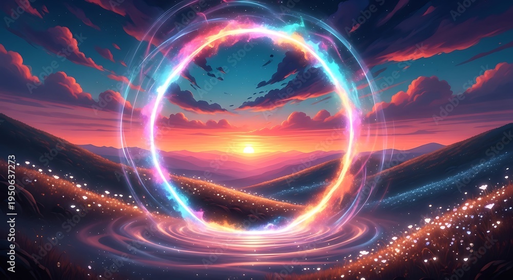 Obraz premium Vibrant Neon Portal in a Fantasy Landscape at Sunset.