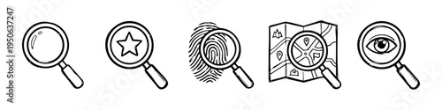 Magnifying Glass, Star and Fingerprint Monochrome Icon Set. High quality stock illustration with clear subject focus and cohesive composition for versatile commercial usage.