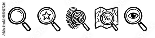 Magnifying Glass, Star and Fingerprint Monochrome Icon Set. High quality stock illustration with clear subject focus and cohesive composition for versatile commercial usage.