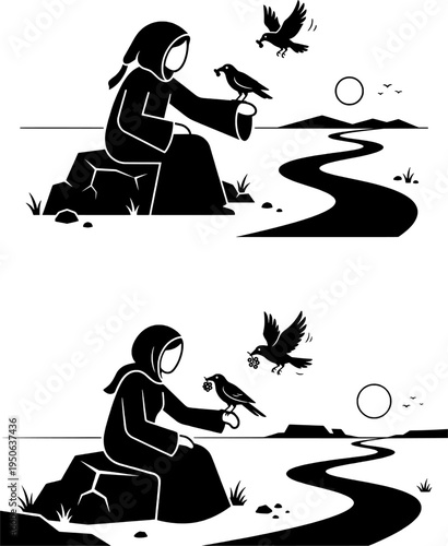 Prophet Elijah Fed by Ravens in the Desert Wilderness Minimalist Black and White Vector Illustration Set
