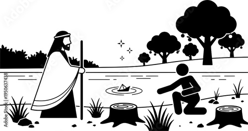 Jesus Christ Standing with Staff Watching a Man Playing with Paper Boat by the Riverbank Minimalist Black and White Vector Illustration