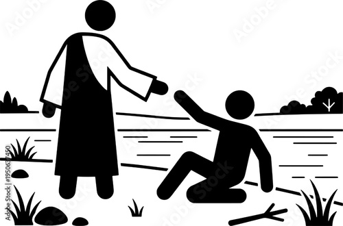 Jesus Christ Reaching Out Hand to Help a Fallen Man Near a River Minimalist Black and White Vector Illustration of Divine Mercy and Support